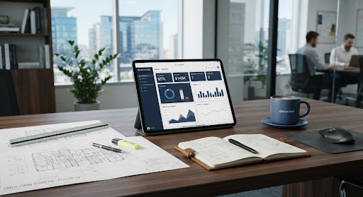 A modern office desk with architectural plans and a tablet displaying property management analytics.