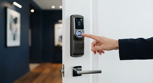 A sleek dark metallic smart lock on a white door, with a finger hovering over the glowing fingerprint sensor.