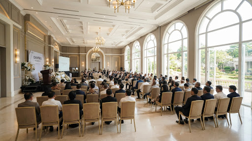 A spacious high-end venue hall with high ceilings, elegant lighting and neatly arranged seating.
