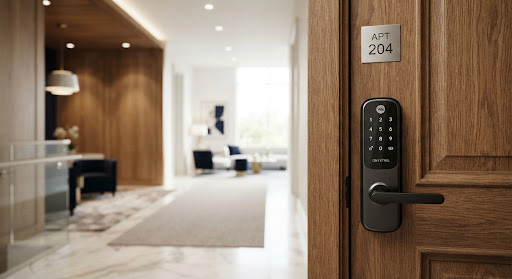 A modern digital smart lock in sharp focus on a solid oak door, with a luxury apartment interior behind it.