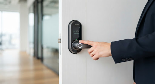 A person using the fingerprint scanner on a minimalist smart lock handle.