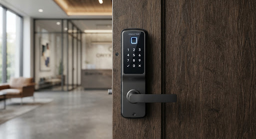 A sleek, dark matte fingerprint smart lock installed on a heavy oak door in a modern entryway.
