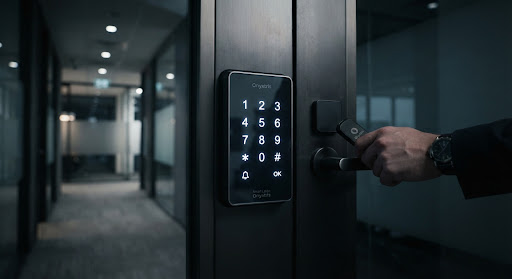 A sleek dark glass keypad illuminated with soft white numbers on a modern commercial door.