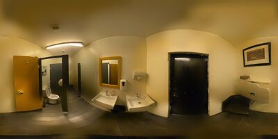 The ladies’ toilets off the reception lobby: two basins, cubicles and baby-changing.